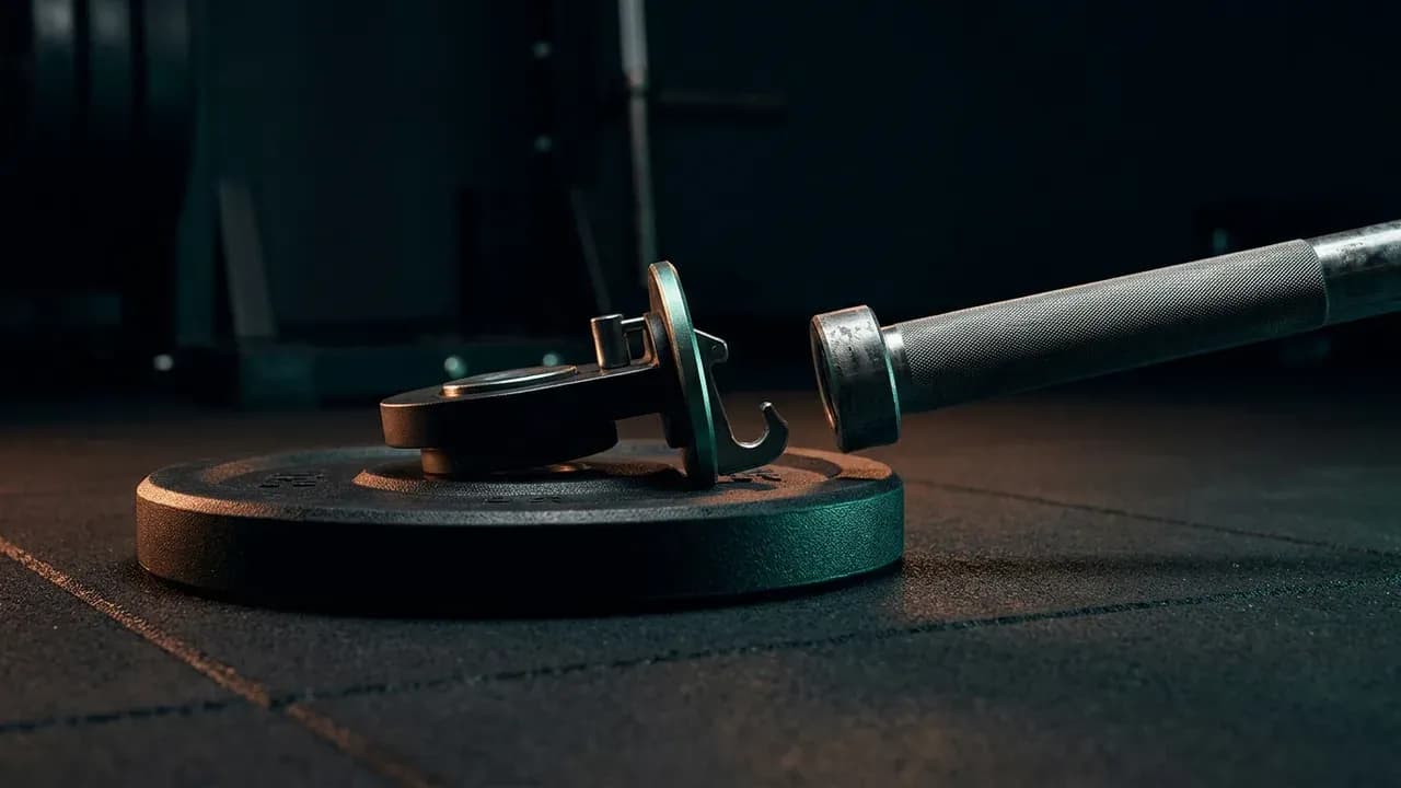 a closeup view of a weight releaser unhooking from a barbell sleeve upon contacting a rubber gym mat