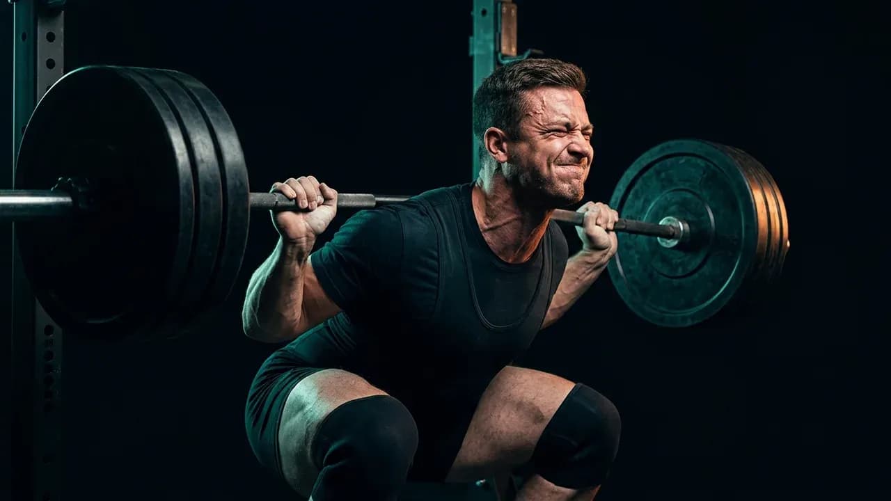 A male powerlifter grinding through the sticking point of a heavy low-bar back squat with intense facial strain