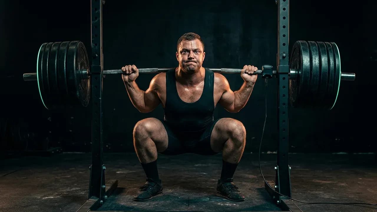 a powerlifter executing a heavy barbell back squat with a velocity sensor attached to the sleeve