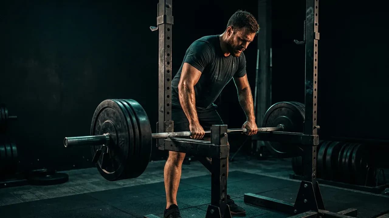 a lifter racking a barbell on a squat rack between high-intensity cluster micro-sets