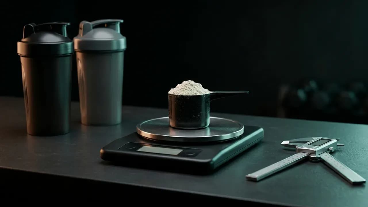 a measured scoop of protein powder resting on a digital kitchen scale alongside shaker bottles and measuring callipers on a clean gym counter