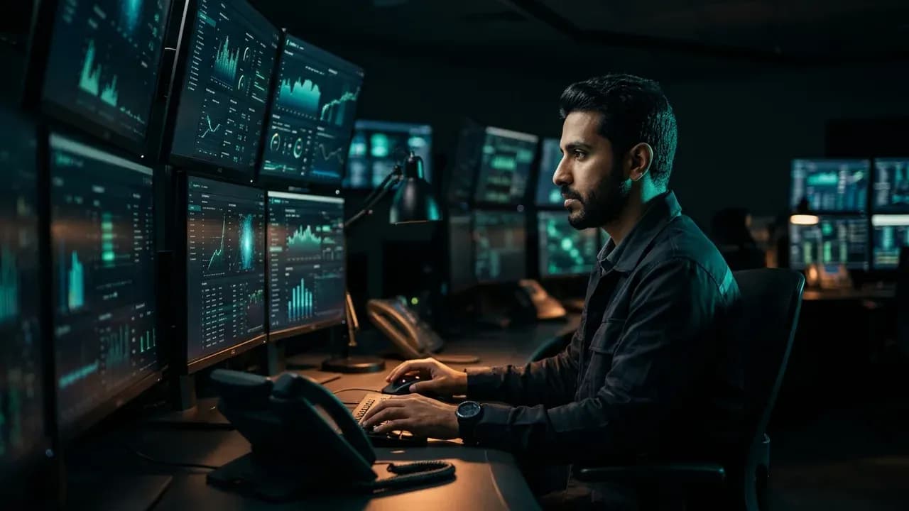An industrial control room operator looking at digital monitors during a late night shift