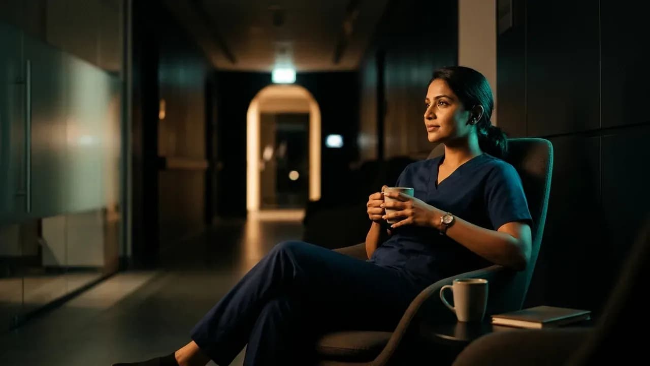 A nurse in a hospital hallway taking a structured break under warm indirect lighting