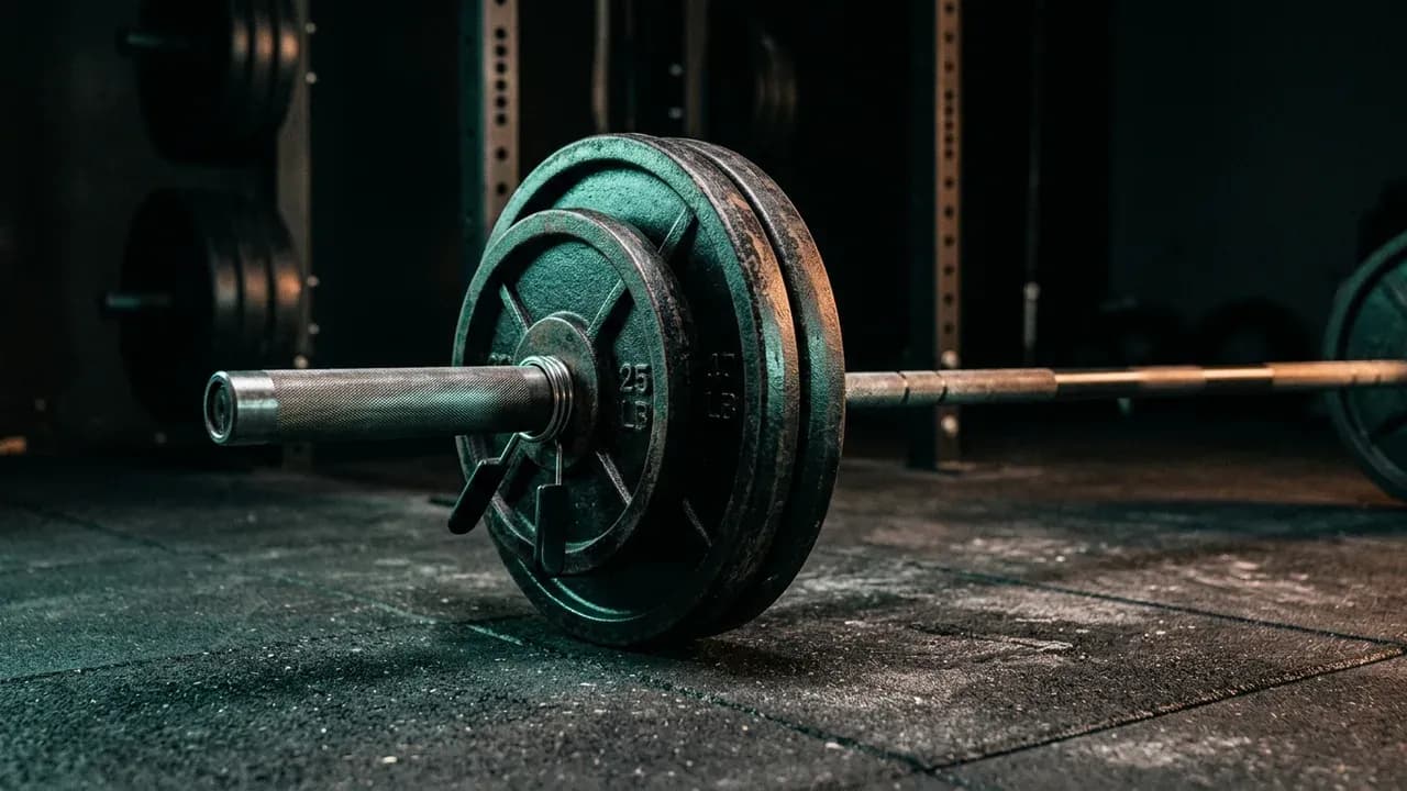 a close-up shot of a barbell loaded with iron weight plates sitting on a rubber gym floor