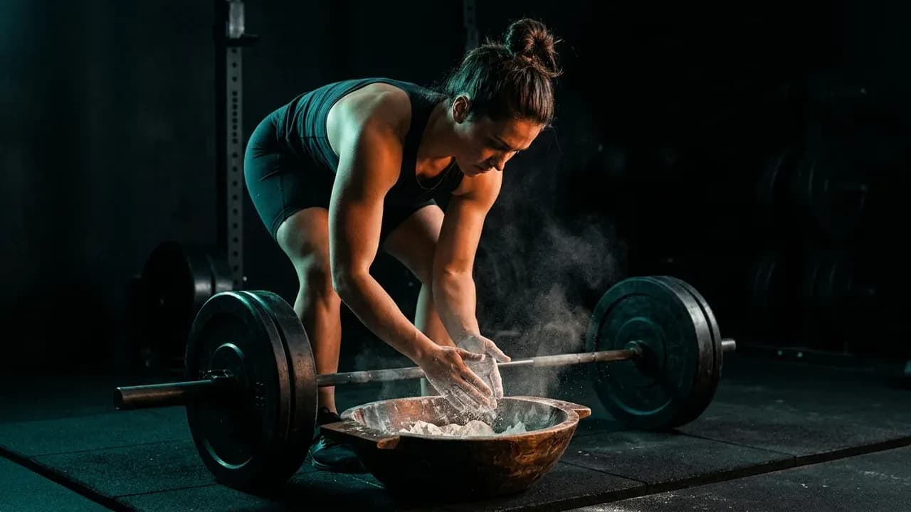 an athlete chalking their hands over a wooden chalk bowl before a heavy deadlift