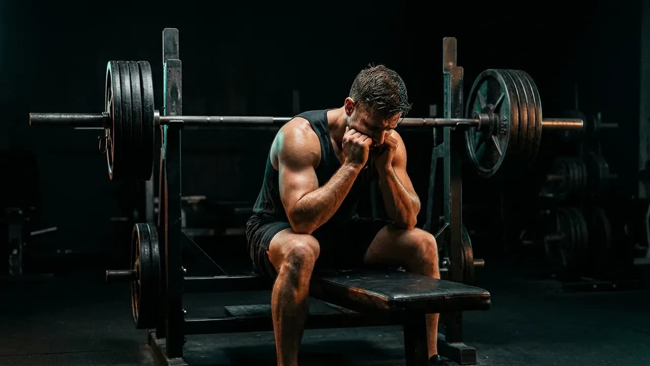 an athlete resting on a flat bench between heavy barbell bench press sets in a dimly lit gym