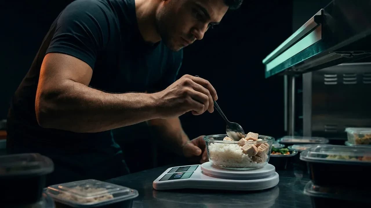 an athlete precisely measuring a prepped meal of white rice and chicken breast on a digital food scale