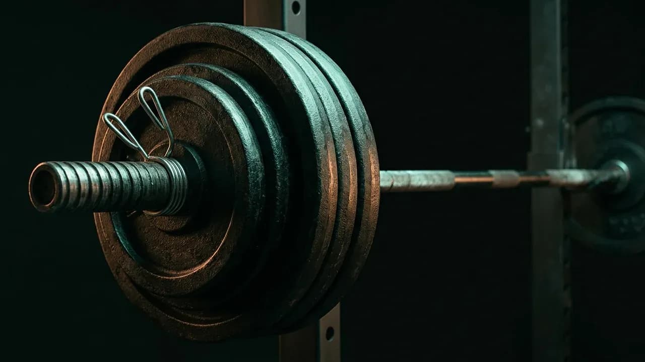 A close-up shot of heavy metal barbell plates loaded for a heavy lifting session