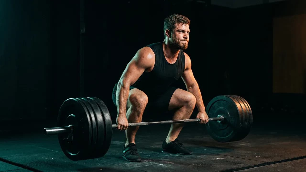 A male athlete performing a heavy low-bar back squat with maximum intent