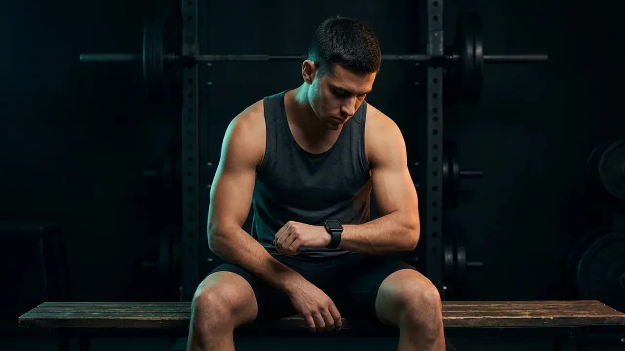 An athlete sitting on a bench between heavy lift sets monitoring recovery