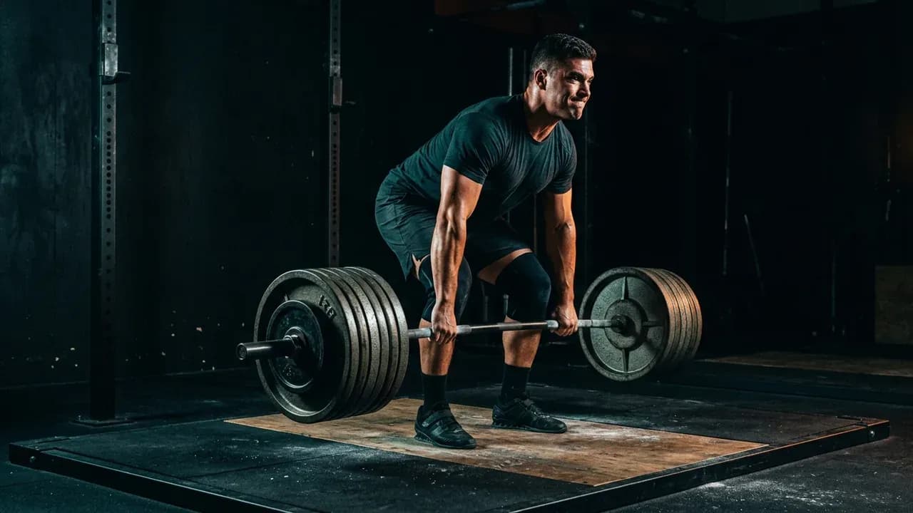 A lifter executing a heavy barbell deadlift with maximal dynamic effort on a lifting platform