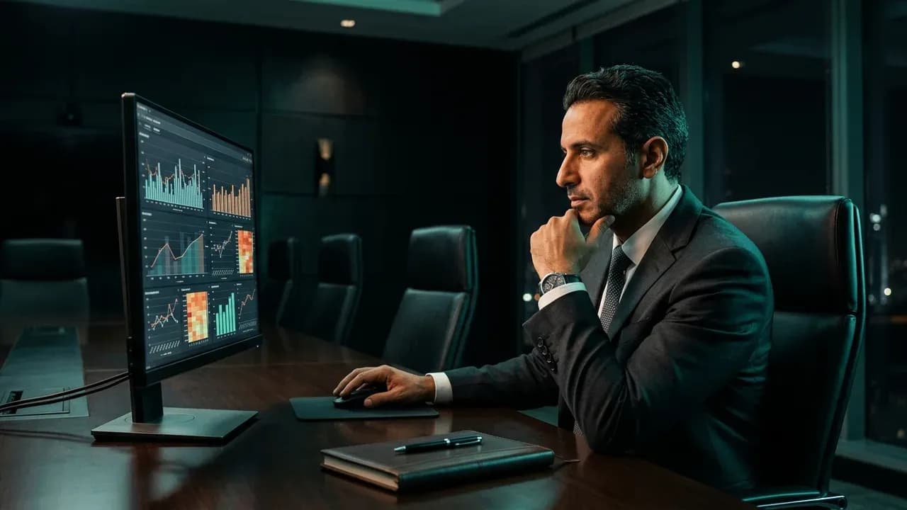A corporate finance executive analyzing quarterly metrics on a desktop screen inside a Riyadh boardroom