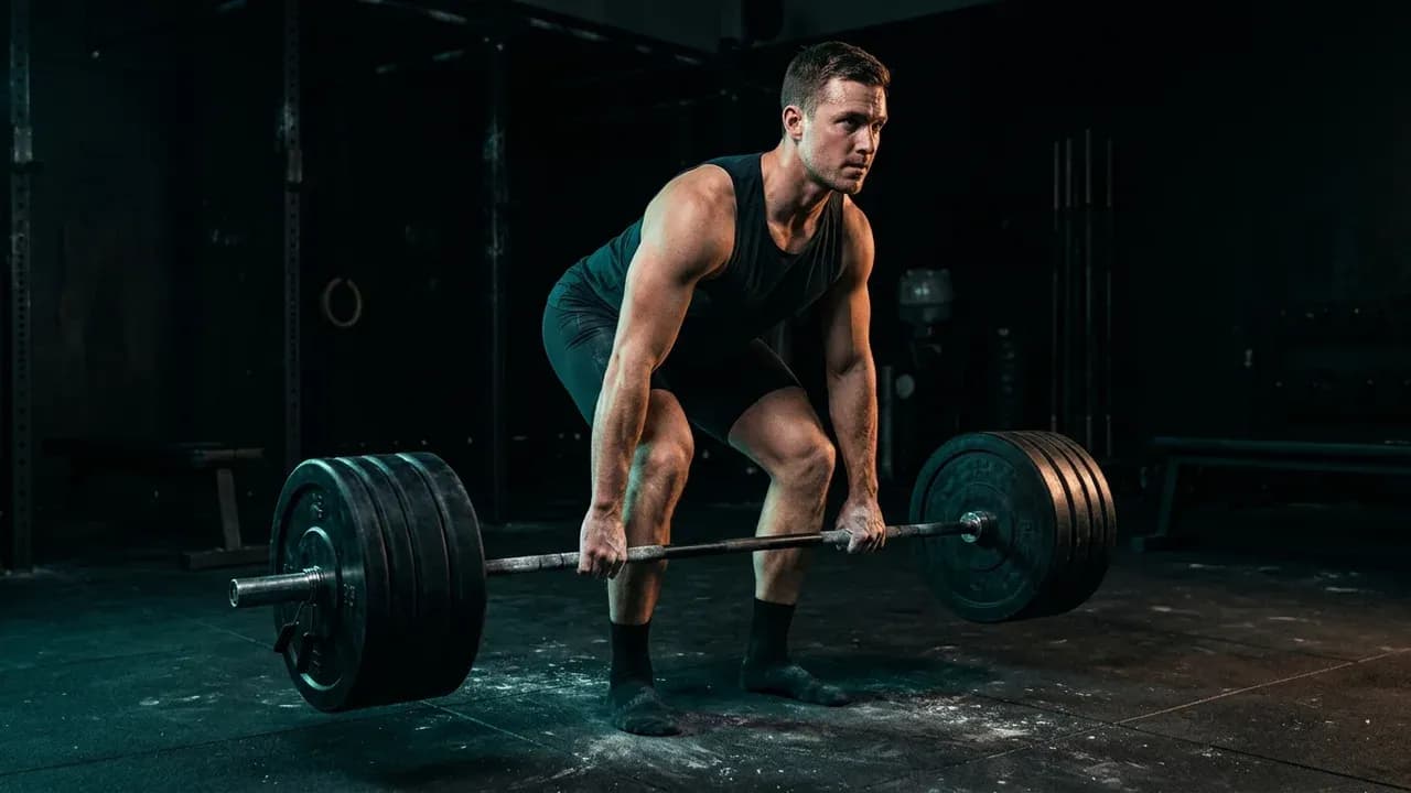 an athlete mid-rep on a heavy barbell Romanian deadlift in a dimly lit strength facility