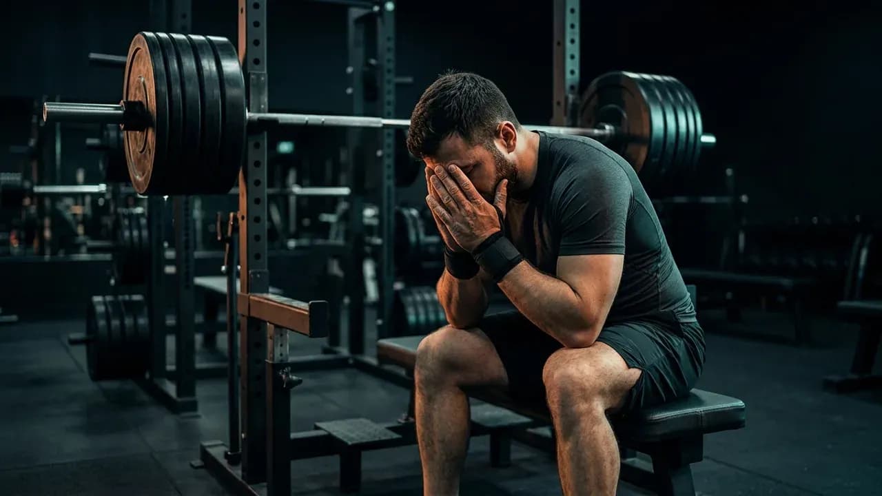 a lifter sitting on a workout bench pressing hands against face with a heavy loaded barbell on a squat rack in background