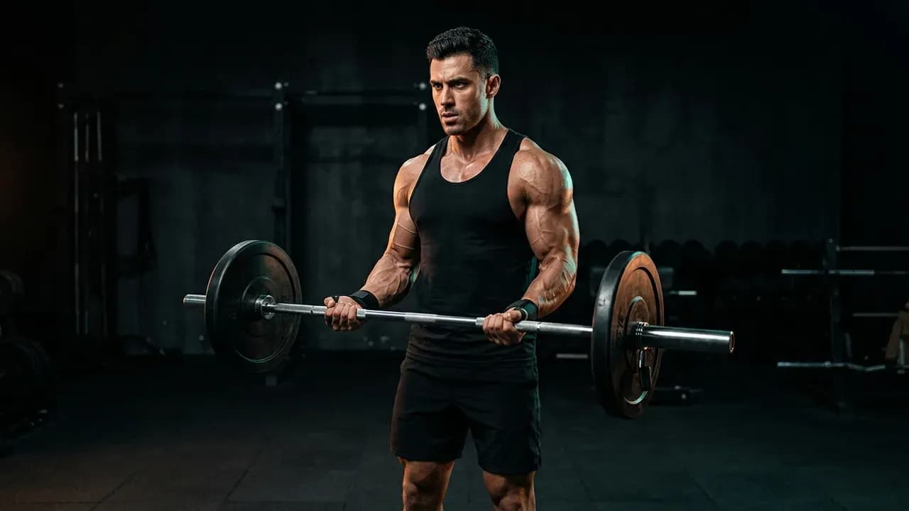 A bodybuilder performing a barbell biceps curl with controlled form in a gym environment
