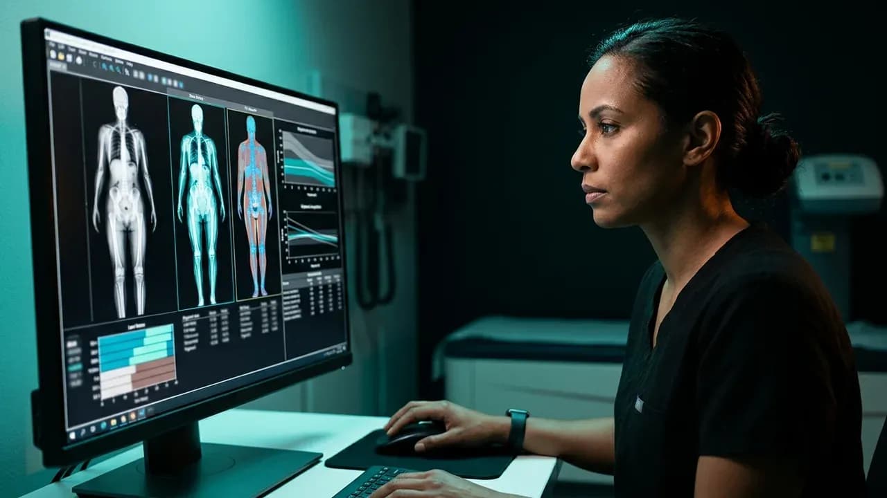 close-up shot of a clinical practitioner analyzing dual-energy X-ray absorptiometry scan data on a high-resolution desktop monitor
