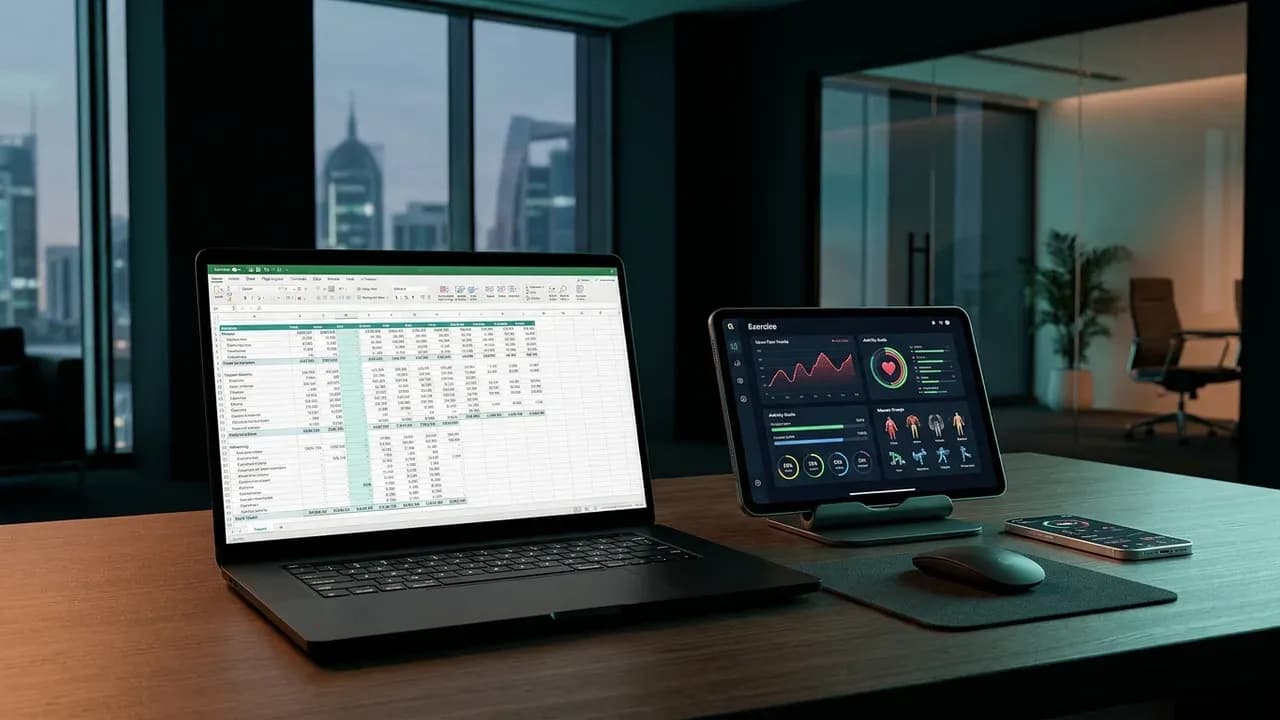 a desk with a laptop displaying financial spreadsheet calculations alongside a digital tablet showing exercise workout charts